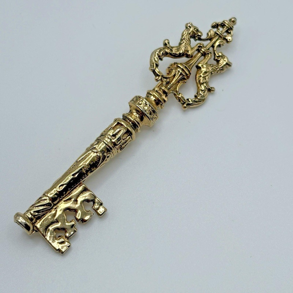 Vintage Accessocraft Key Brooch Victorian Revival Gold Tone Skeleton Key
